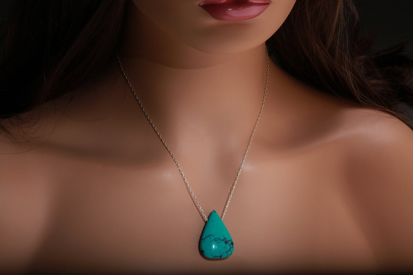 Genuine Tibetan Spiderweb Turquoise Double Sided Teardrop Gemstone Briolette Pear Shape Pendant 925 Sterling Silver Chain 18" Gift For Her