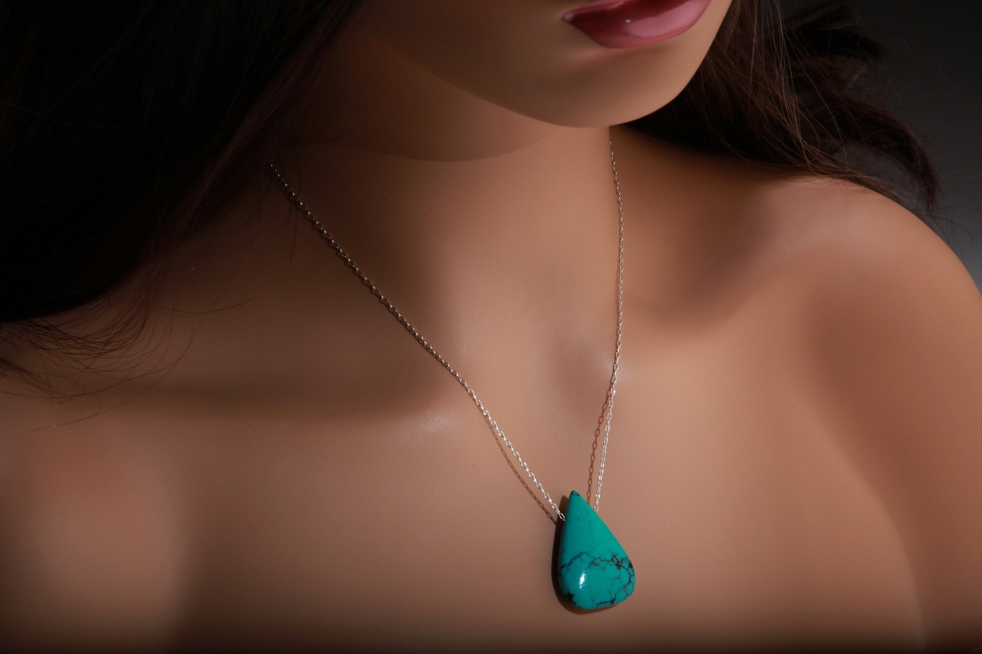 Genuine Tibetan Spiderweb Turquoise Double Sided Teardrop Gemstone Briolette Pear Shape Pendant 925 Sterling Silver Chain 18&quot; Gift For Her