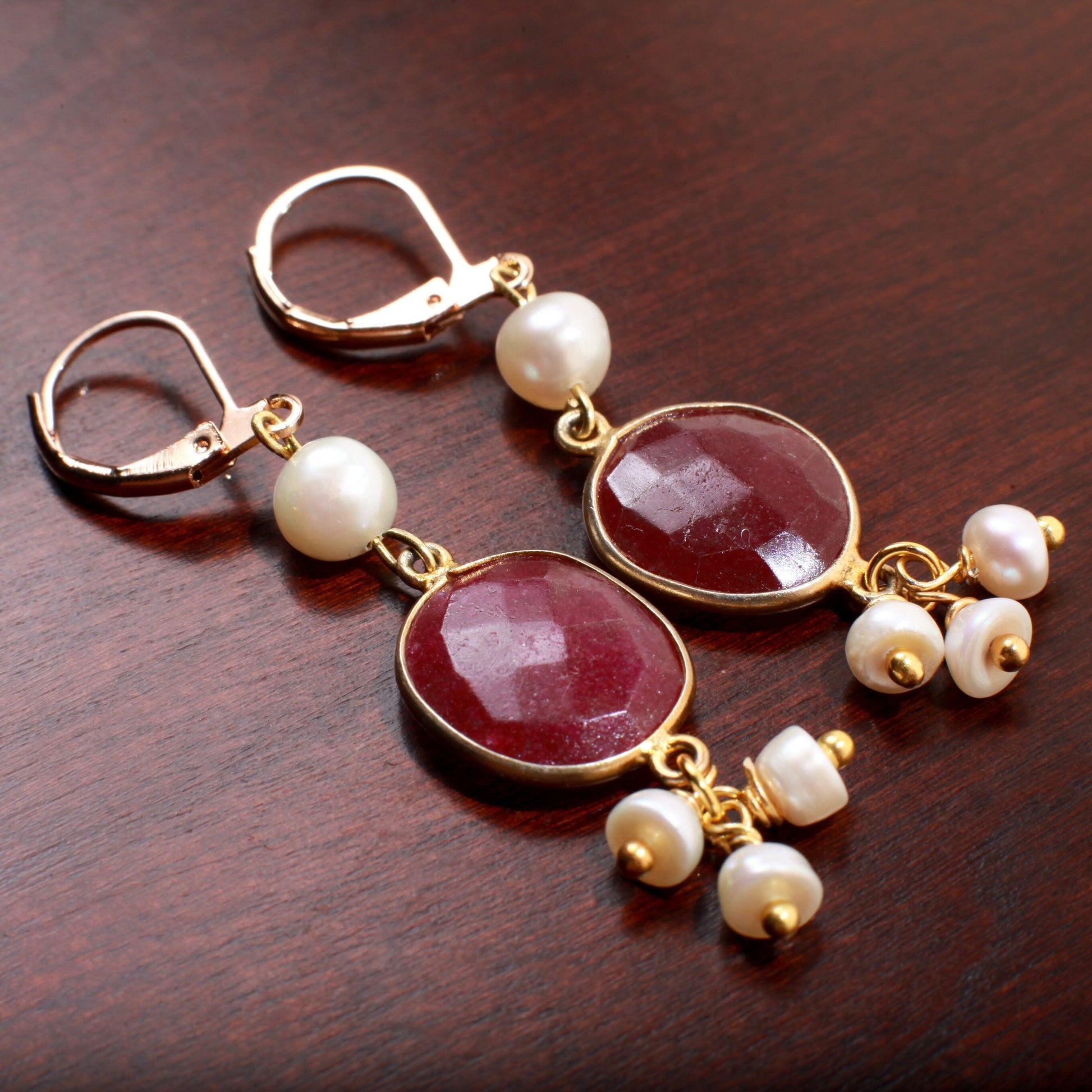 Ruby Earring Genuine Ruby Free Form Oval Bezel with Fresh Water Pearl Clusters Earrings in Gold Ear Wire, Valentine, Bridesmaid,Gift for her