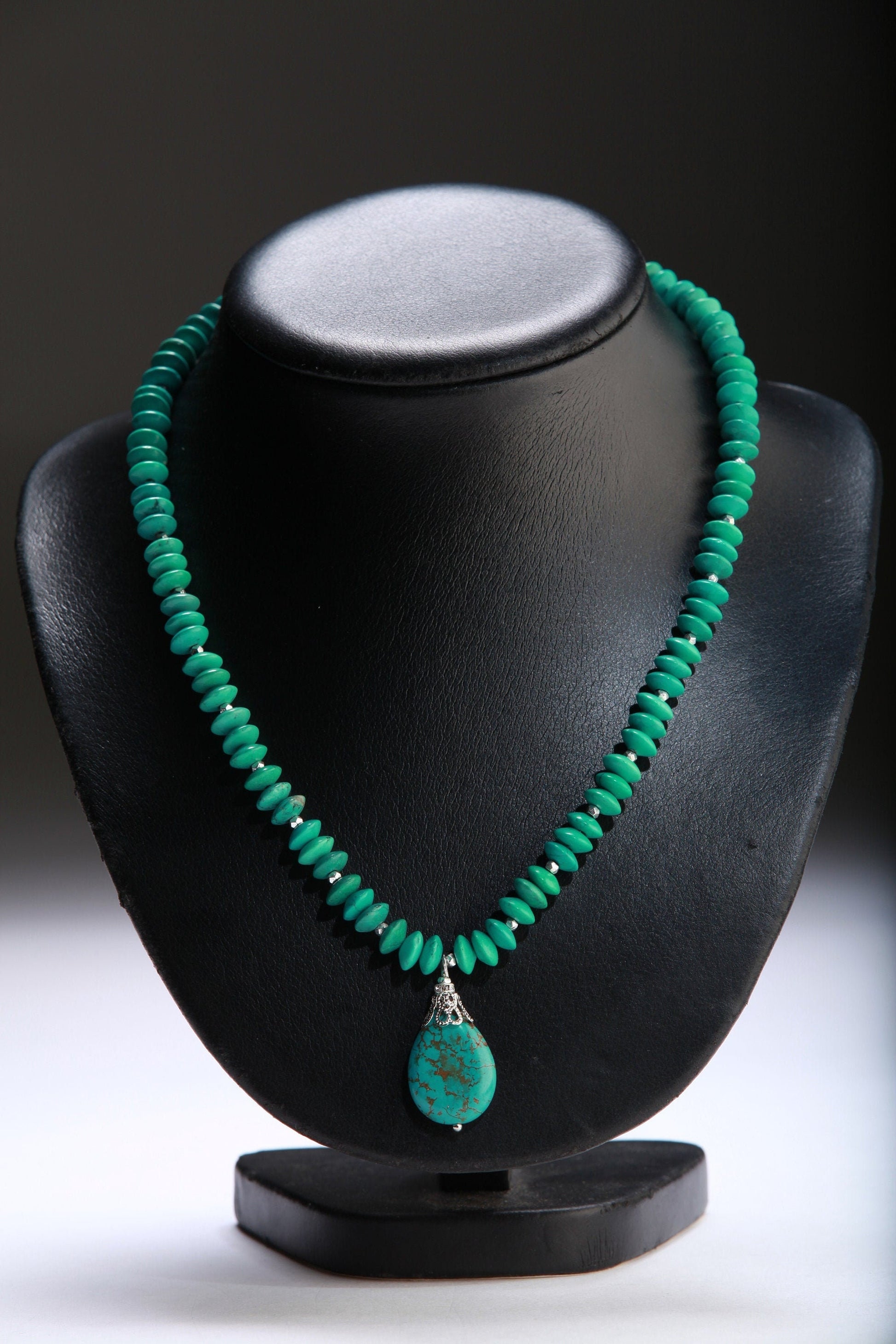Turquoise Necklace, Natural Tibetan Turquoise 8mm Lentil with Stunning Turquoise Focal Bead Statement Native Southwestern Necklace 19.25&quot;