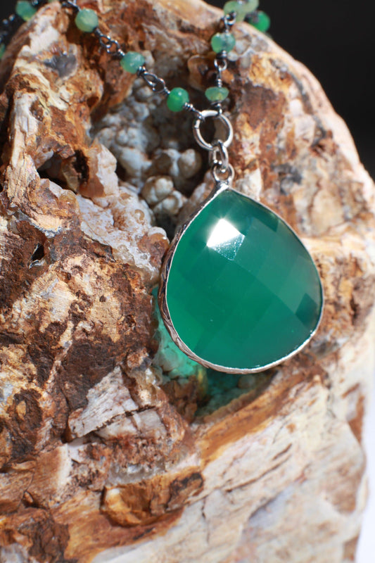 Genuine Green Onyx Bezel Teardrop Pendant with Oxidized Silver Wrapped Natural Green Onyx Beaded Chain Necklace. Gift for her