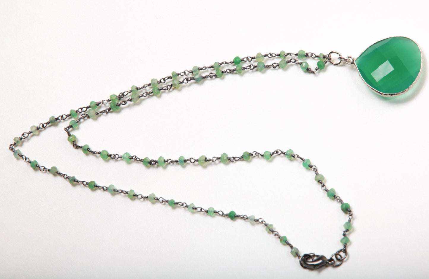 Genuine Green Onyx Bezel Teardrop Pendant with Oxidized Silver Wrapped Natural Green Onyx Beaded Chain Necklace. Gift for her