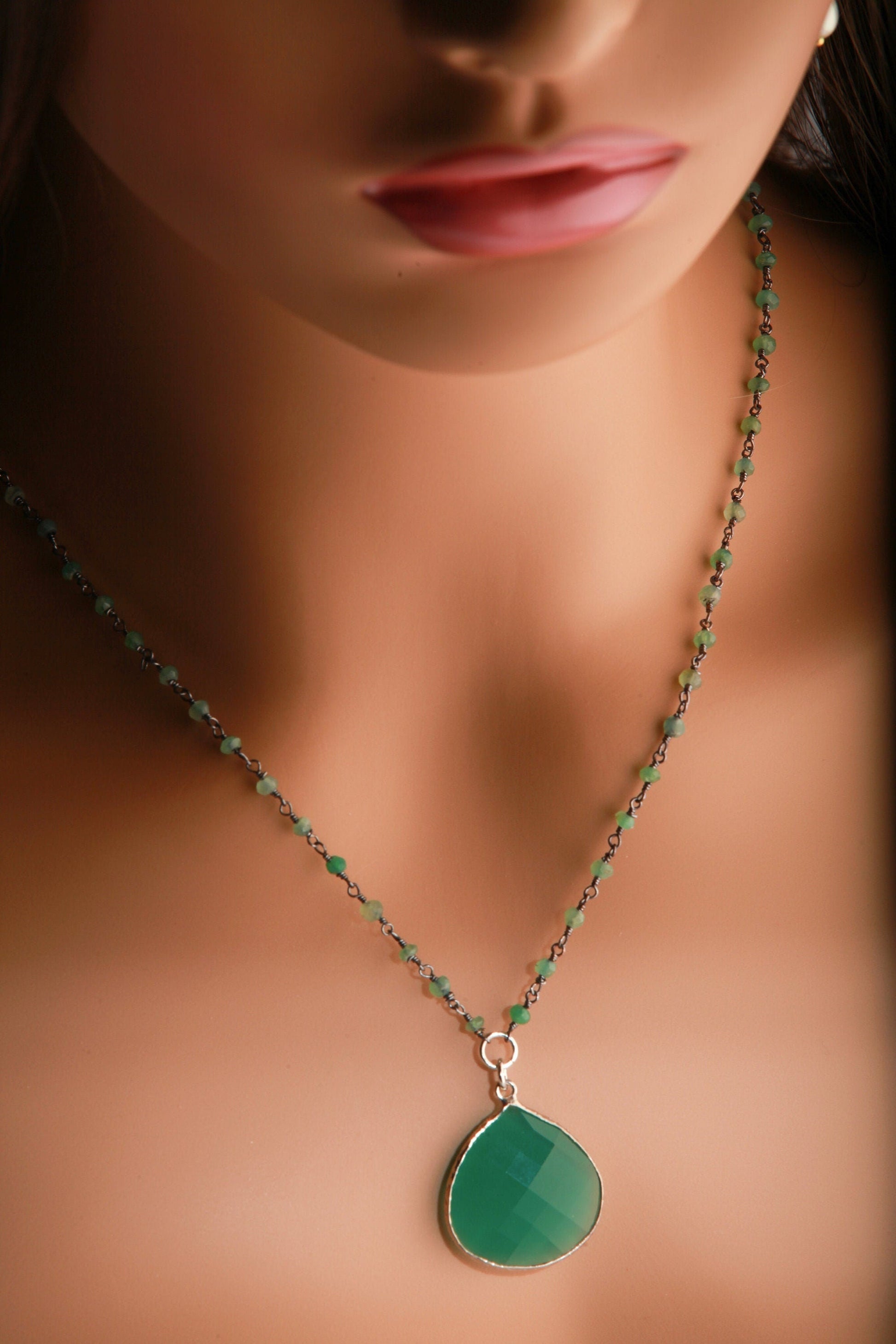 Genuine Green Onyx Bezel Teardrop Pendant with Oxidized Silver Wrapped Natural Green Onyx Beaded Chain Necklace. Gift for her