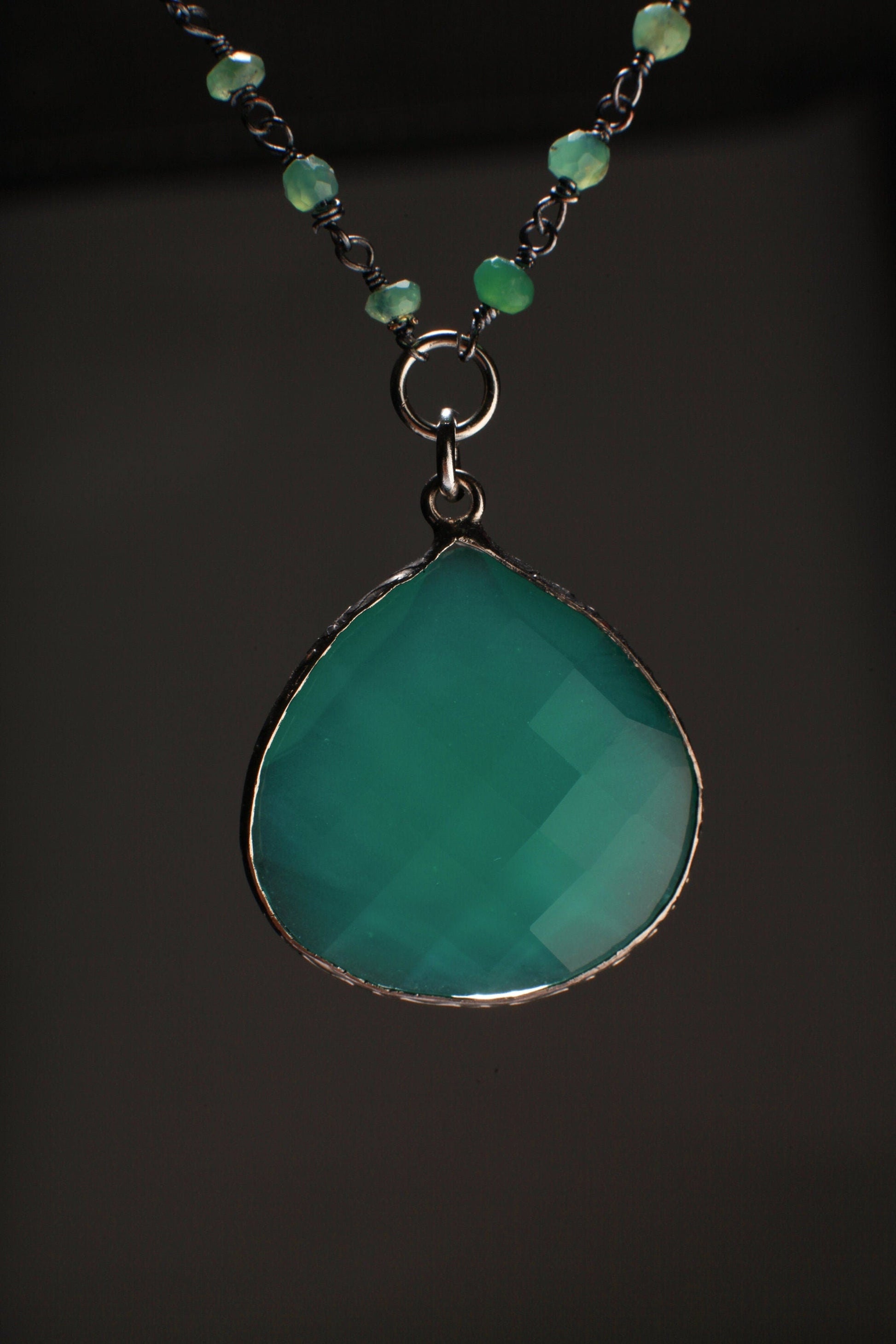 Genuine Green Onyx Bezel Teardrop Pendant with Oxidized Silver Wrapped Natural Green Onyx Beaded Chain Necklace. Gift for her
