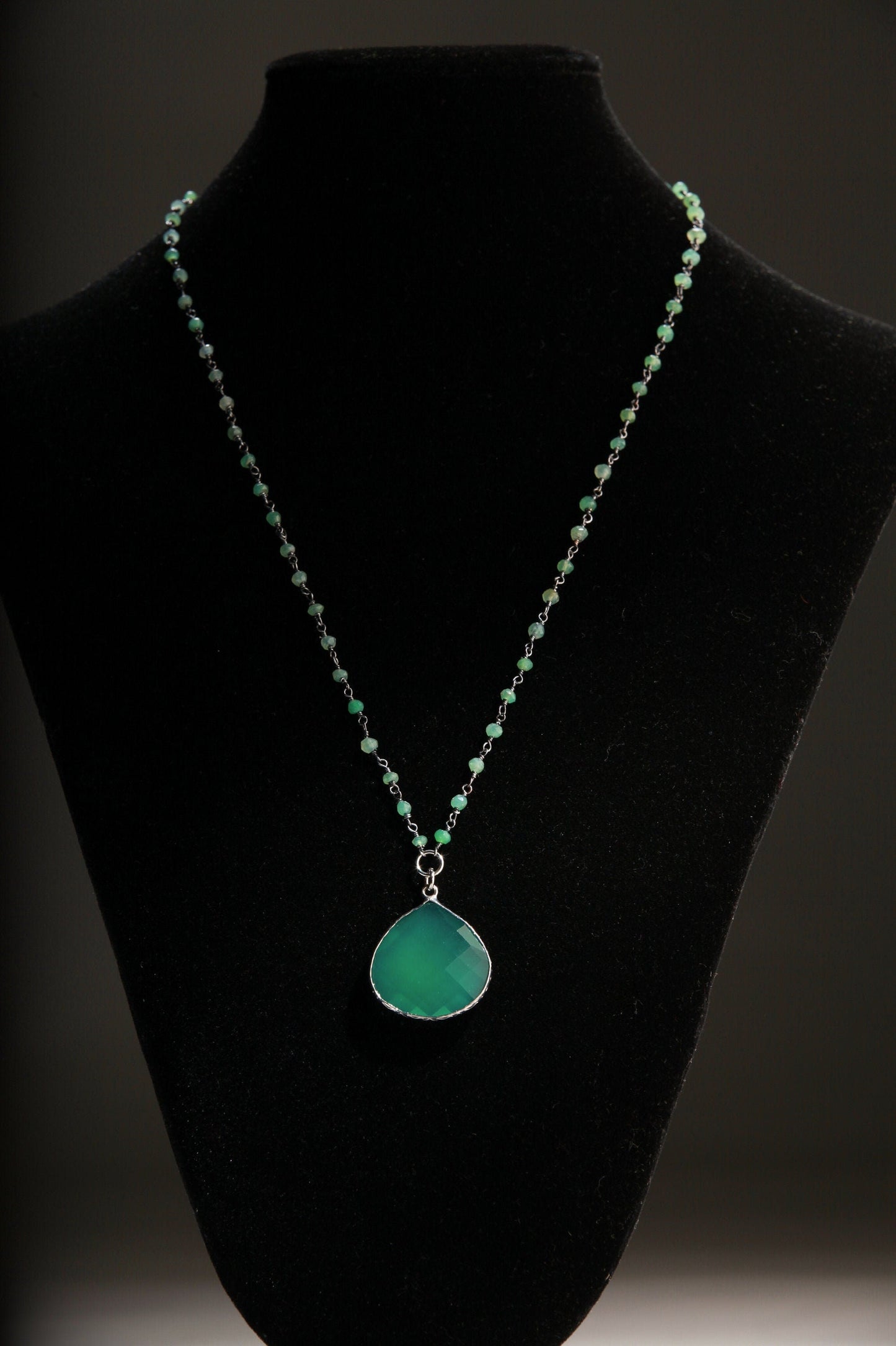 Genuine Green Onyx Bezel Teardrop Pendant with Oxidized Silver Wrapped Natural Green Onyx Beaded Chain Necklace. Gift for her