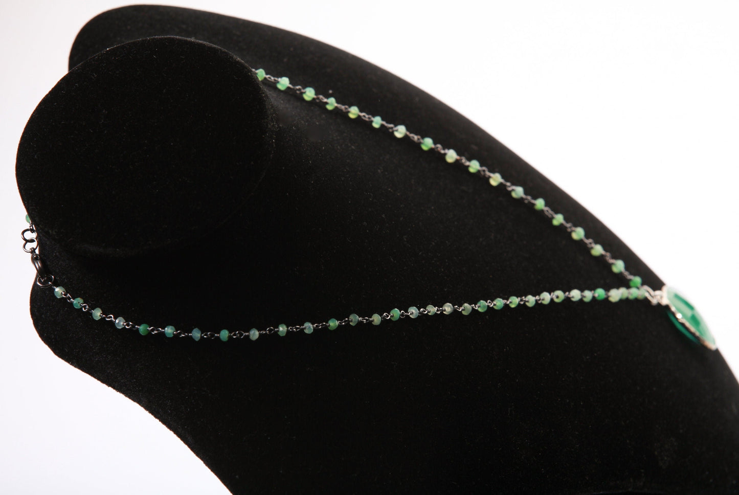 Genuine Green Onyx Bezel Teardrop Pendant with Oxidized Silver Wrapped Natural Green Onyx Beaded Chain Necklace. Gift for her