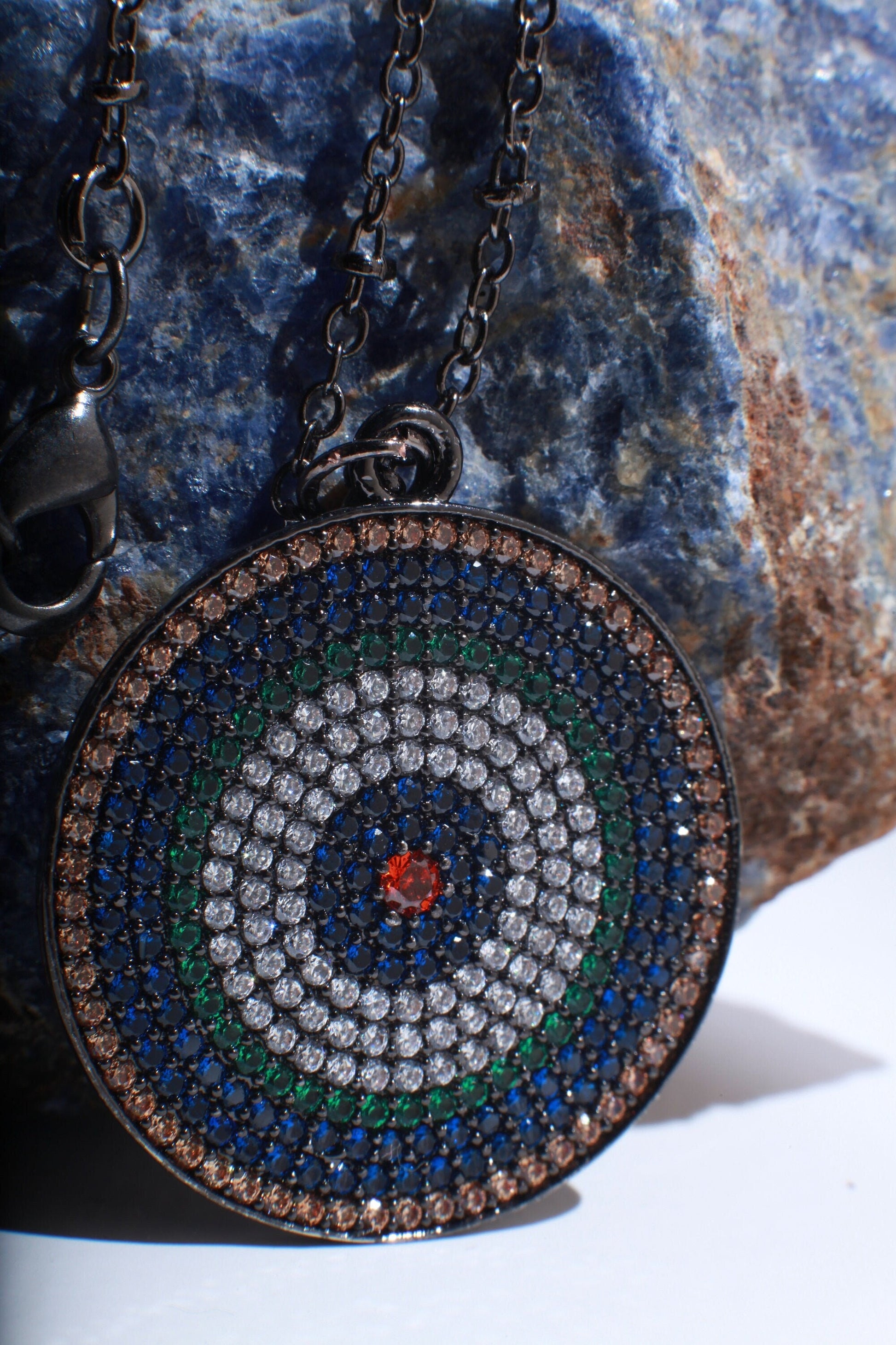 Cubic Zirconia Micro Pave Diamond Style Large Evil Eye Pendant with Silver Oxidized Necklace, Available in 16",18",20", 22" and 24"