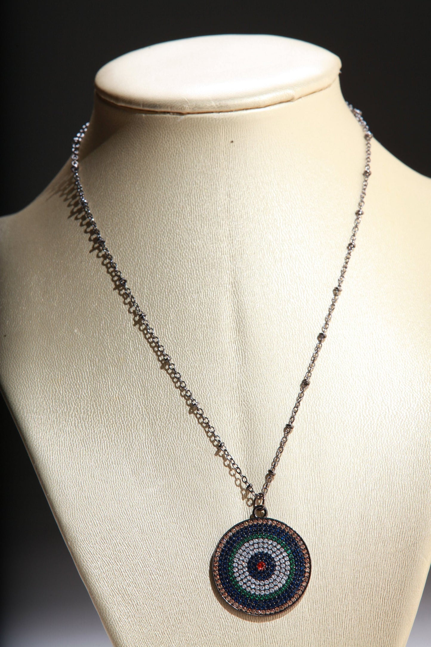 Cubic Zirconia Micro Pave Diamond Style Large Evil Eye Pendant with Silver Oxidized Necklace, Available in 16",18",20", 22" and 24"