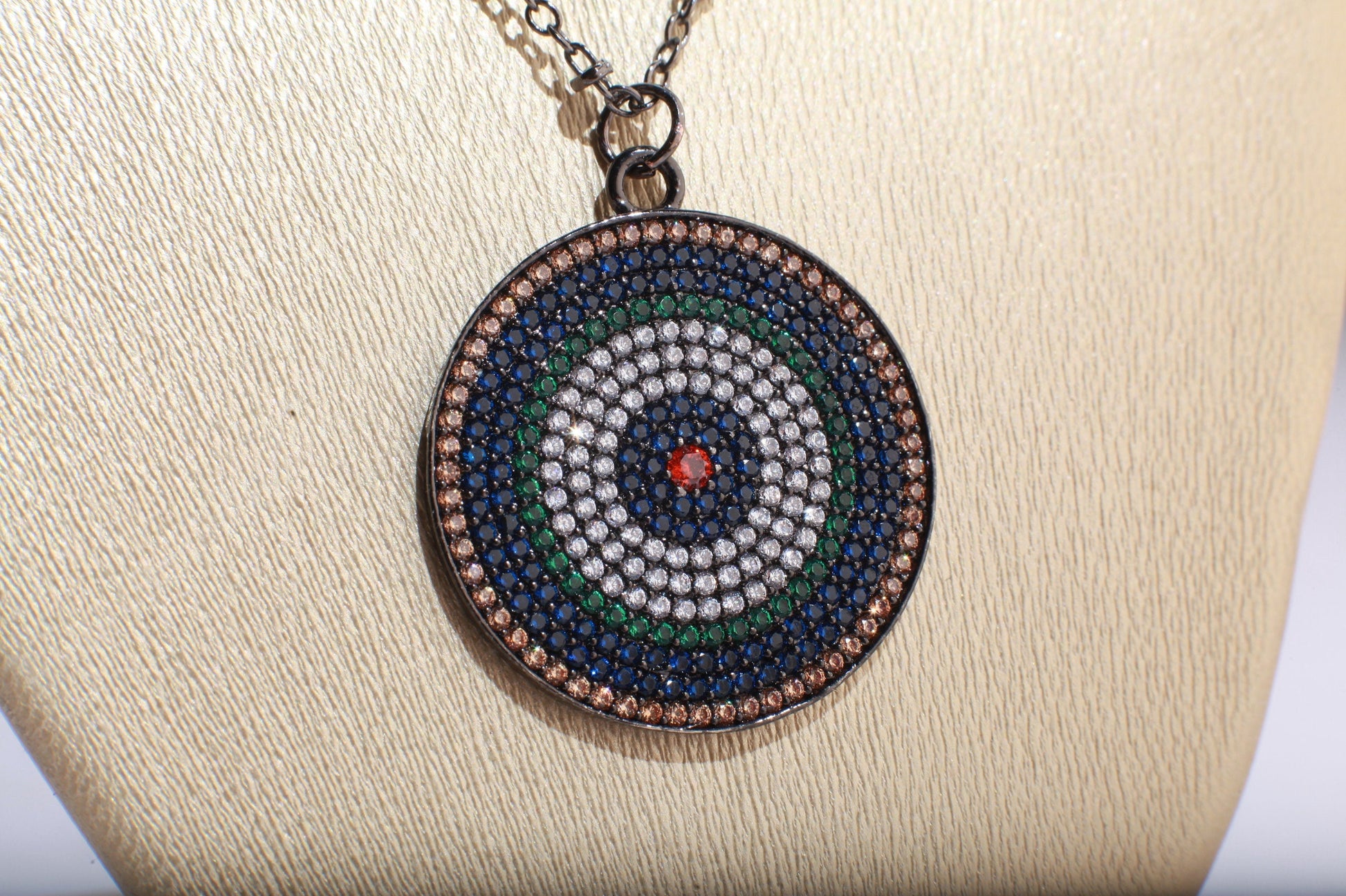 Cubic Zirconia Micro Pave Diamond Style Large Evil Eye Pendant with Silver Oxidized Necklace, Available in 16&quot;,18&quot;,20&quot;, 22&quot; and 24&quot;