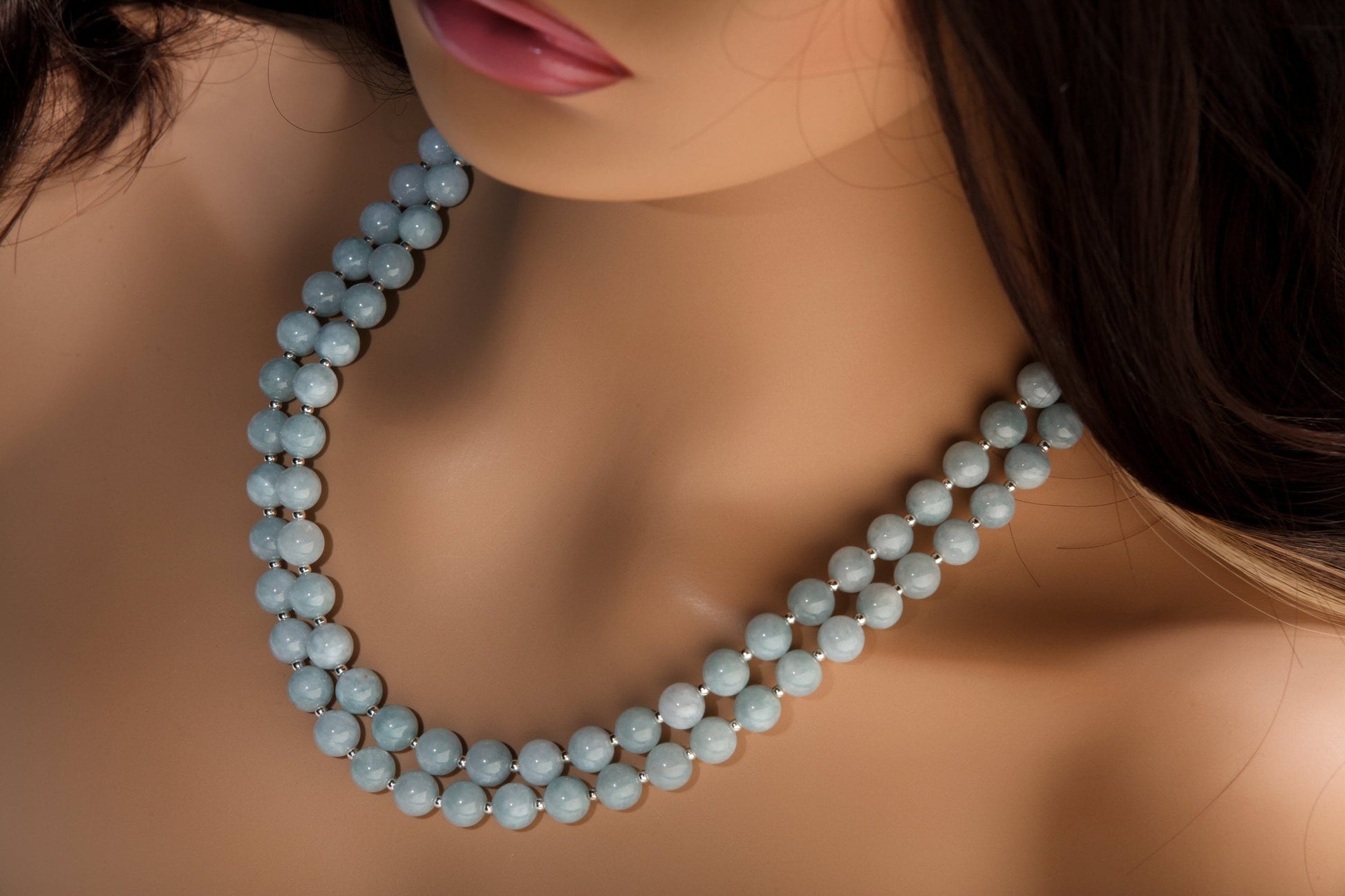 Aquamarine 2 Line Necklace, Genuine Aquamarine Smooth Round,925 Sterling Silver Spacers & Clasp,Natural gems March Birthstone, 18"plus 2"ext