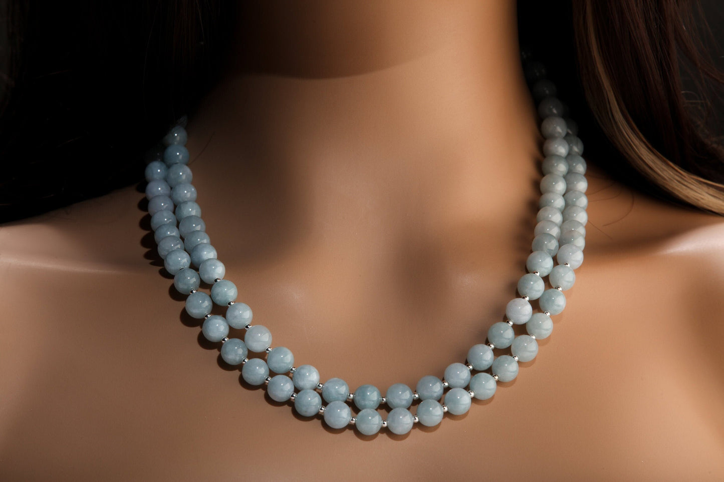 Aquamarine 2 Line Necklace, Genuine Aquamarine Smooth Round,925 Sterling Silver Spacers & Clasp,Natural gems March Birthstone, 18"plus 2"ext