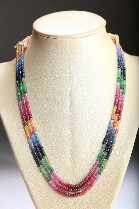 Genuine Multi Sapphire Shaded Gemstones Faceted Roundel 3 Line Layer Adjustable Necklace 15"