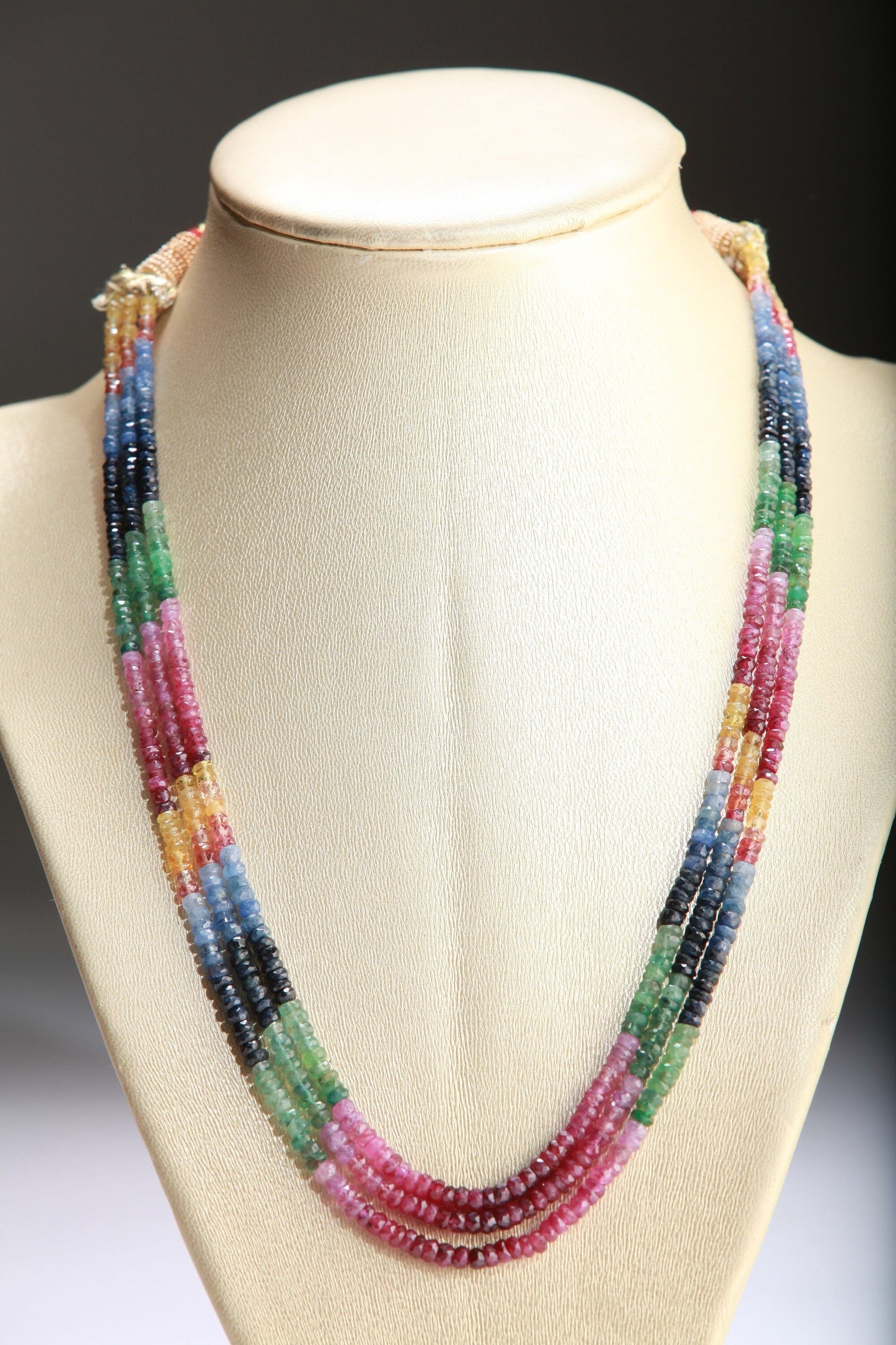 Genuine Multi Sapphire Shaded Gemstones Faceted Roundel 3 Line Layer Adjustable Necklace 15&quot;