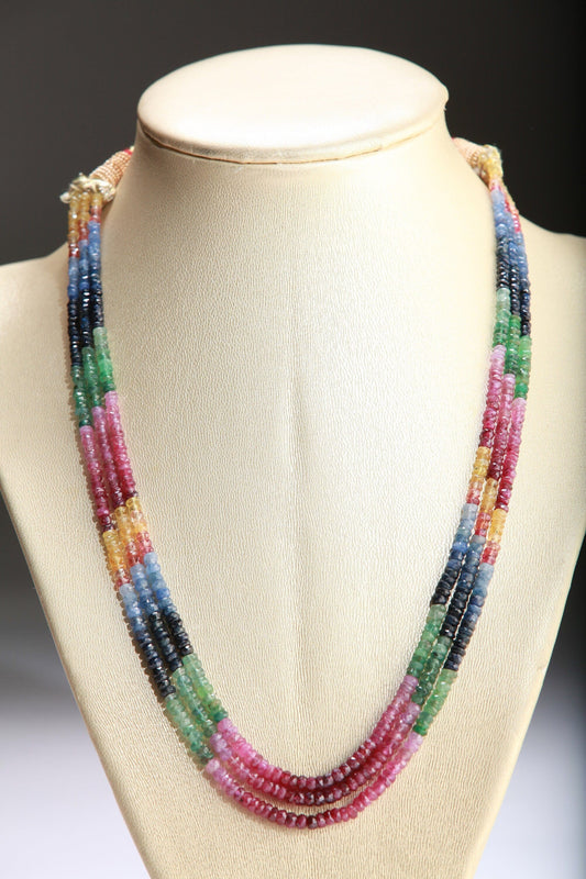 Genuine Multi Sapphire Shaded Gemstones Faceted Roundel 3 Line Layer Adjustable Necklace 15&quot;