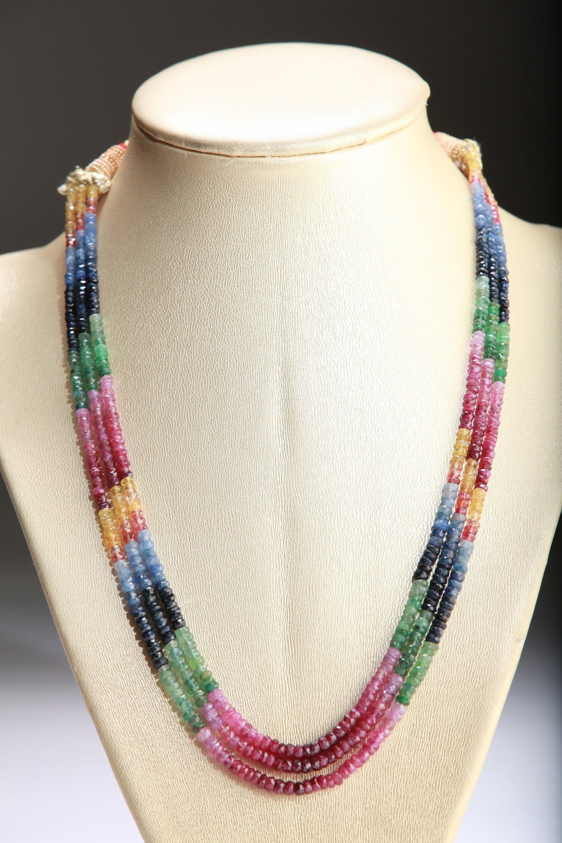 Genuine Multi Sapphire Shaded Gemstones Faceted Roundel 3 Line Layer Adjustable Necklace 15"