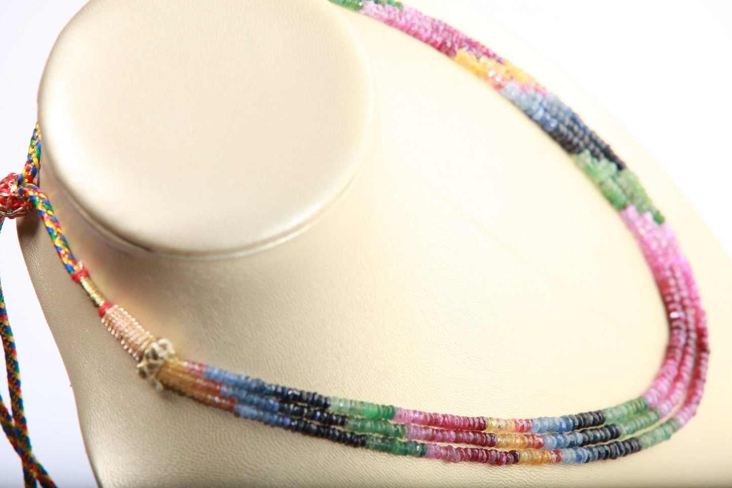 Genuine Multi Sapphire Shaded Gemstones Faceted Roundel 3 Line Layer Adjustable Necklace 15"