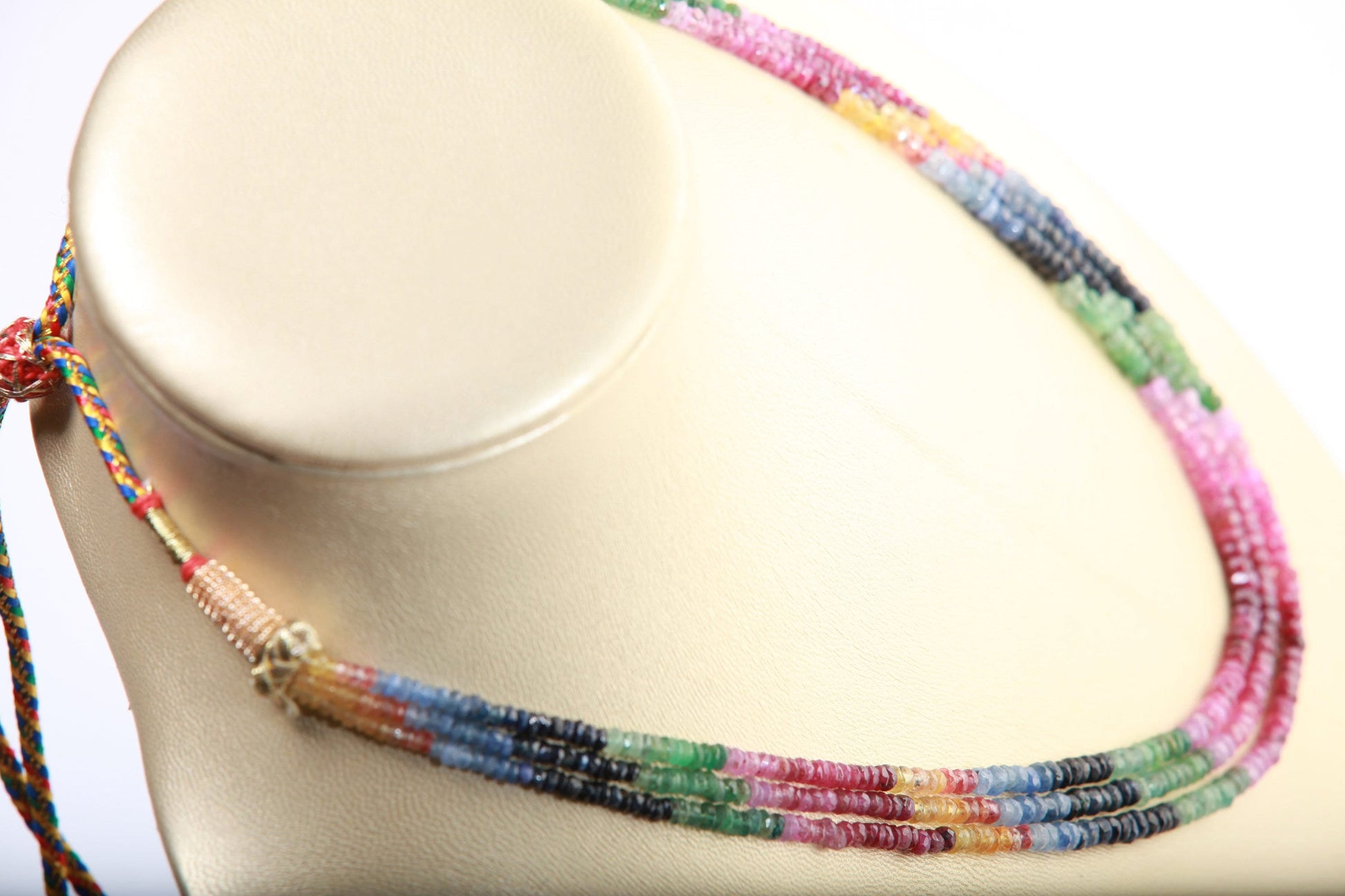 Genuine Multi Sapphire Shaded Gemstones Faceted Roundel 3 Line Layer Adjustable Necklace 15"