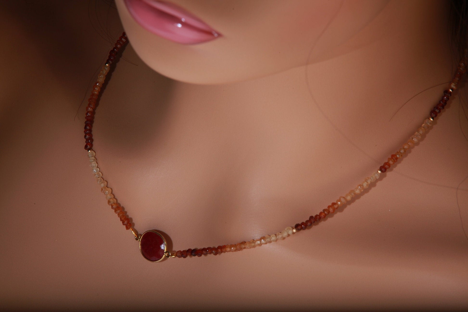 Ruby Necklace, Genuine Hessonite Garnet Faceted Rondel, Ruby Gold Bezel in 14K Gold Filled Spacers & Clasp, 16" Necklace, Gift For Her