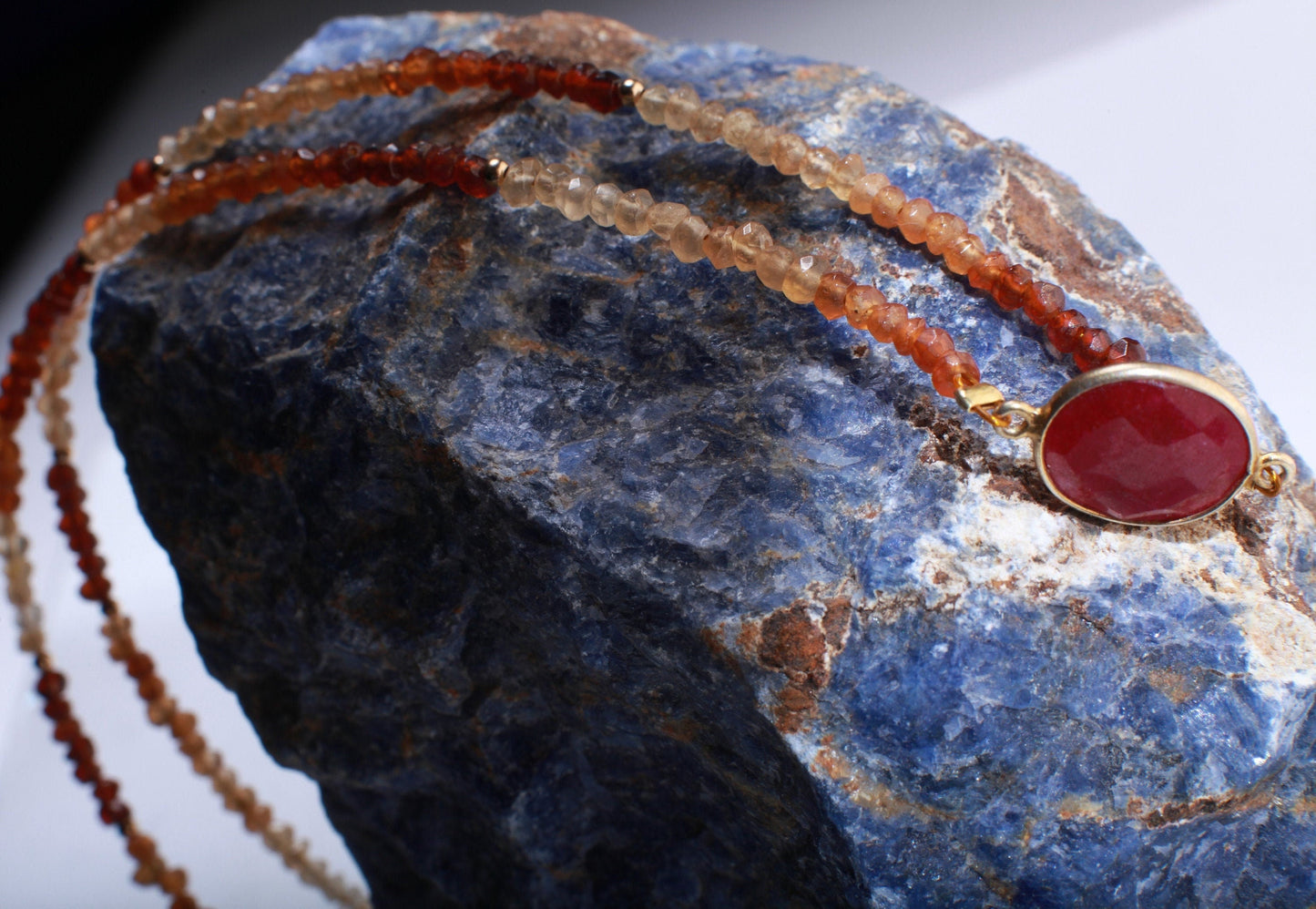 Ruby Necklace, Genuine Hessonite Garnet Faceted Rondel, Ruby Gold Bezel in 14K Gold Filled Spacers & Clasp, 16&quot; Necklace, Gift For Her