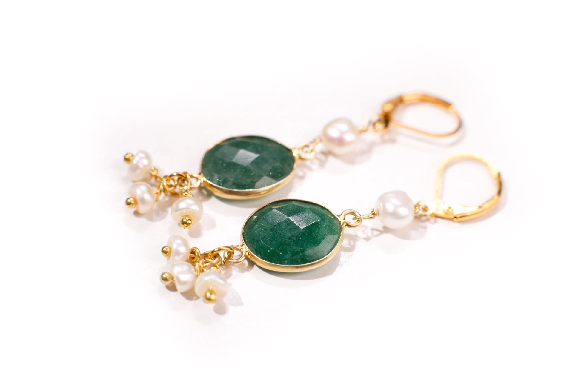 Emerald Earrings Free Form Gold Bezel with Fresh Water Pearl Clusters Earrings in Gold Ear Wire,Valentine, Bridesmaid, Handmade Gift for her