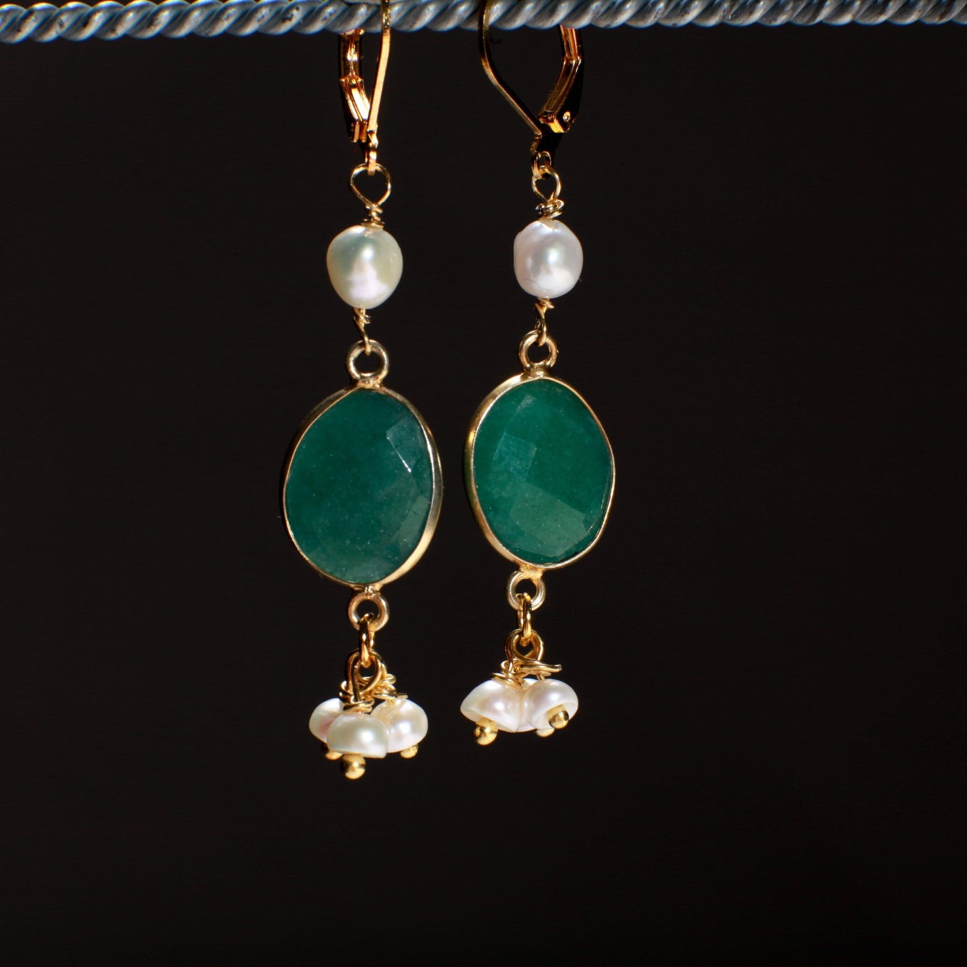 Emerald Earrings Free Form Gold Bezel with Fresh Water Pearl Clusters Earrings in Gold Ear Wire,Valentine, Bridesmaid, Handmade Gift for her