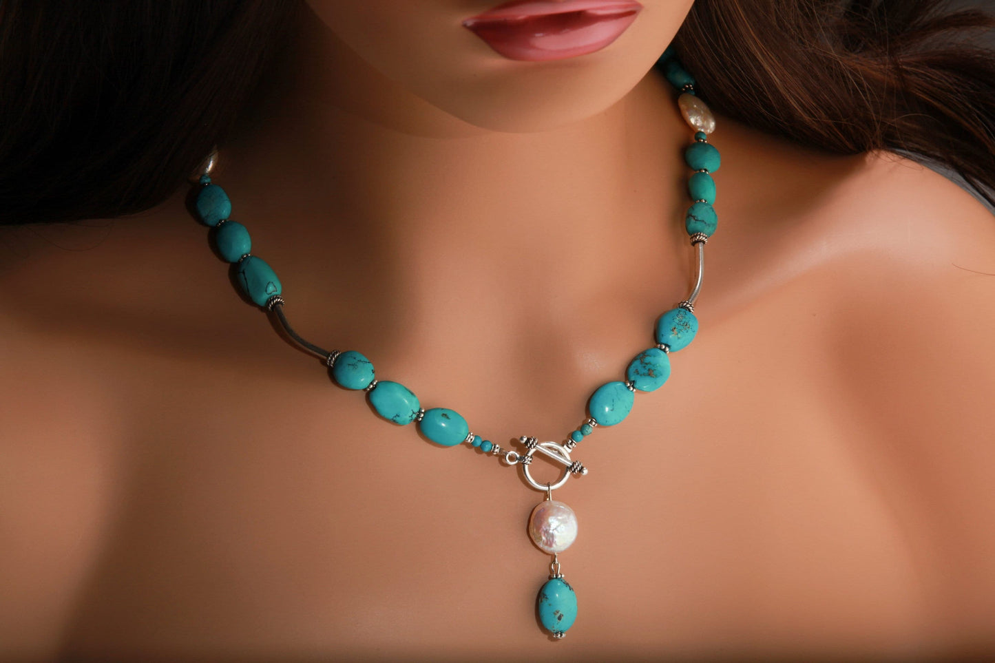 Natural Tibetan Turquoise Free Form Pebble Nugget, Freshwater Pearl Coin Pearl, Bali Sterling Silver Tube, Spacer, Toggle Clasp 20" Necklace