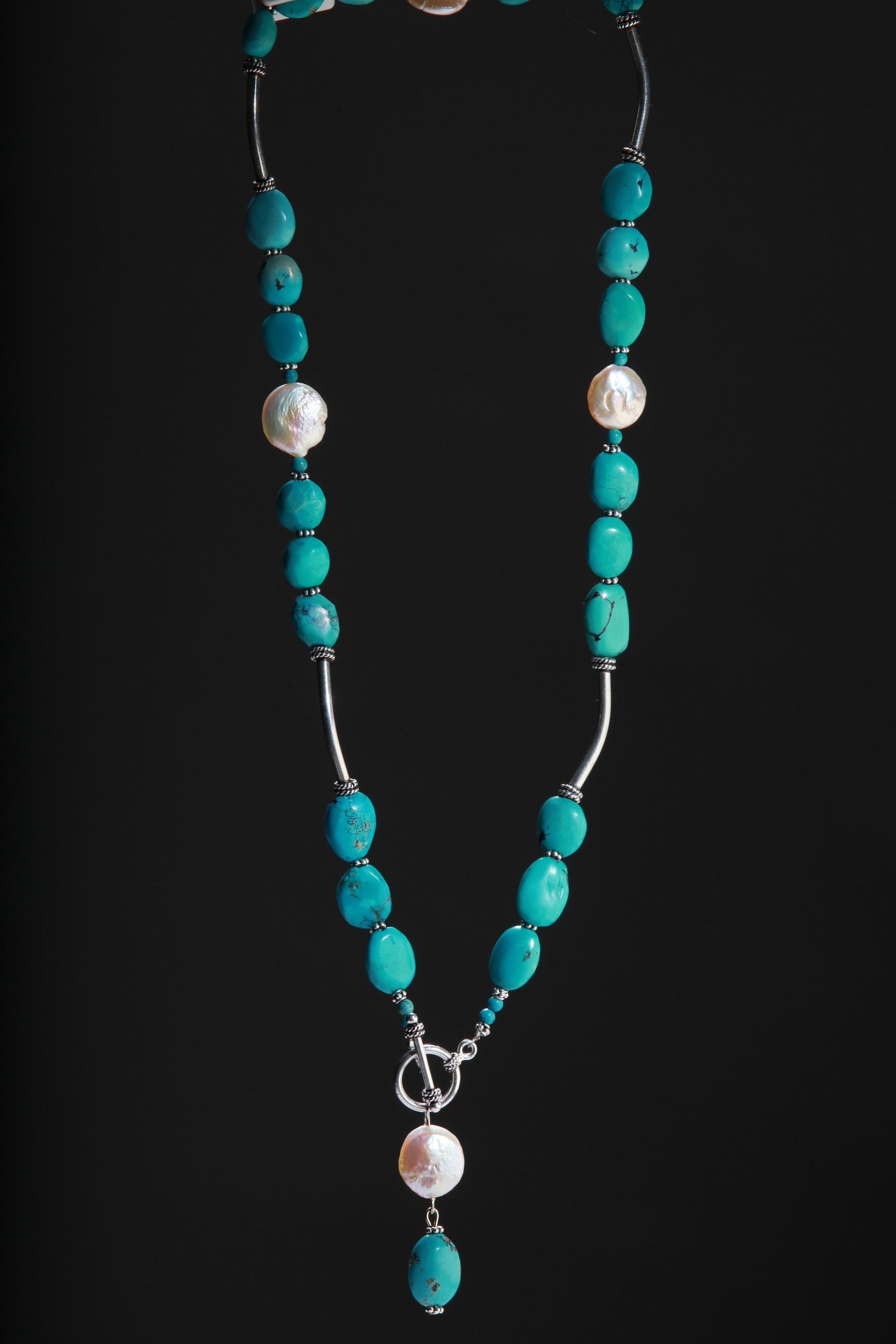 Natural Tibetan Turquoise Free Form Pebble Nugget, Freshwater Pearl Coin Pearl, Bali Sterling Silver Tube, Spacer, Toggle Clasp 20" Necklace