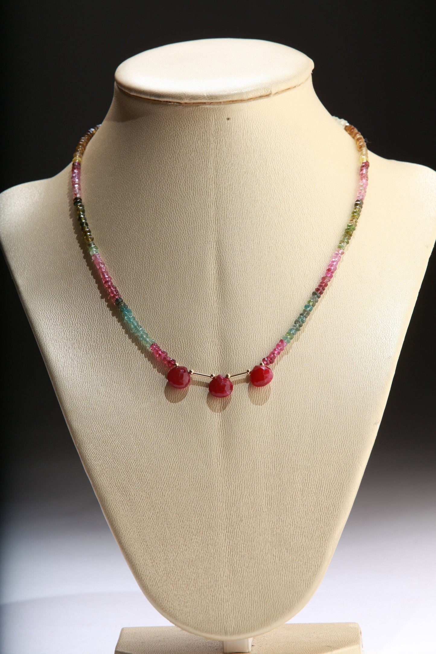 Ruby Tourmaline Necklace, Faceted Ruby Heart Teardrop, Stunning Tourmaline in Liquid 14K Gold Filled Tube Spacer Beads Clasp Lucky Necklace