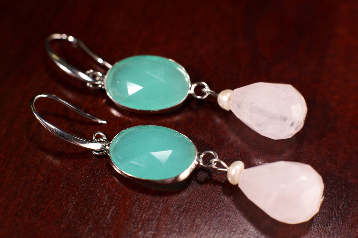 Chalcedony Faceted Oval Bezel, Dangling Madagascar Rose Quartz Faceted Teardrop 12x18mm, Freshwater Pearl. Rhodium Silver Earrings