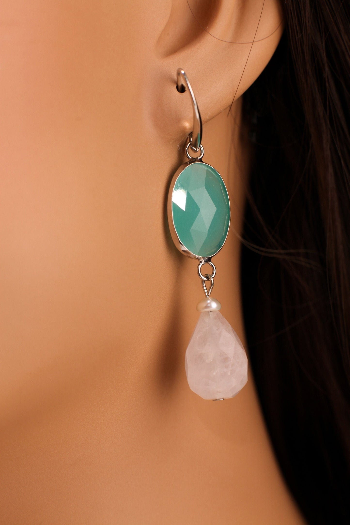 Chalcedony Faceted Oval Bezel, Dangling Madagascar Rose Quartz Faceted Teardrop 12x18mm, Freshwater Pearl. Rhodium Silver Earrings