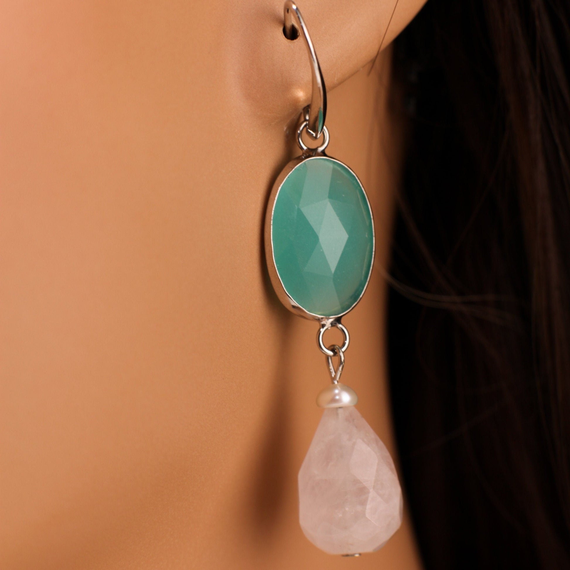 Chalcedony Faceted Oval Bezel, Dangling Madagascar Rose Quartz Faceted Teardrop 12x18mm, Freshwater Pearl. Rhodium Silver Earrings