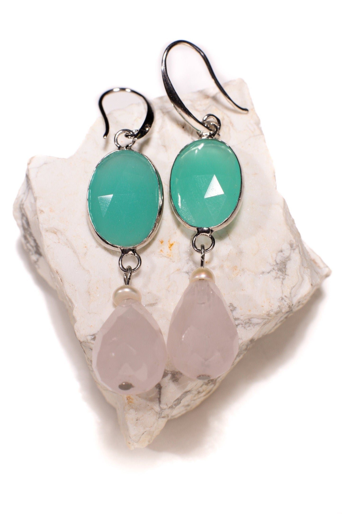 Chalcedony Faceted Oval Bezel, Dangling Madagascar Rose Quartz Faceted Teardrop 12x18mm, Freshwater Pearl. Rhodium Silver Earrings