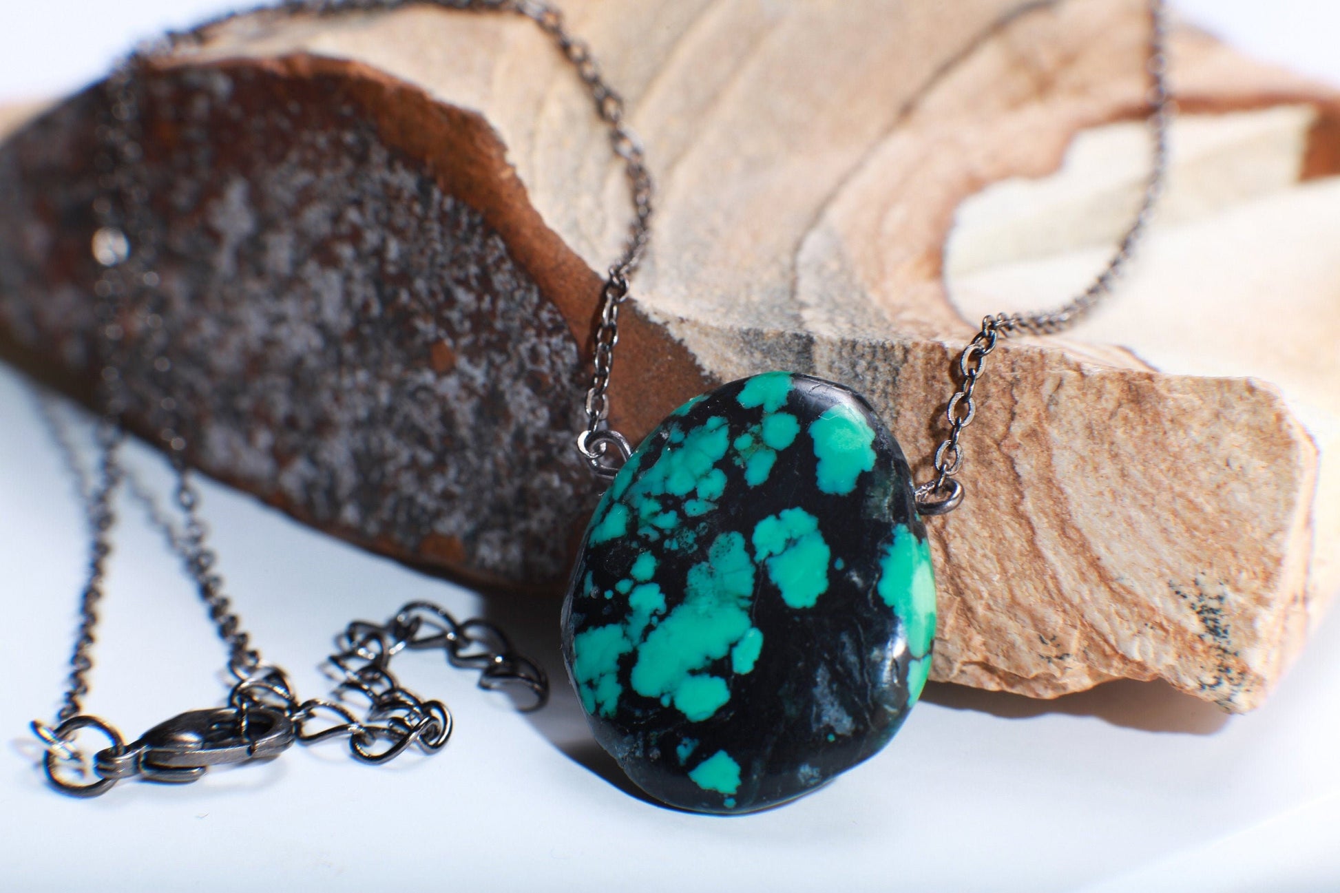 Genuine Tibetan Spiderweb Turquoise Double Sided Free Form Oval Pendant in Oxidized Silver Cable Chain 18.5" +2" Extension, Gift For Her
