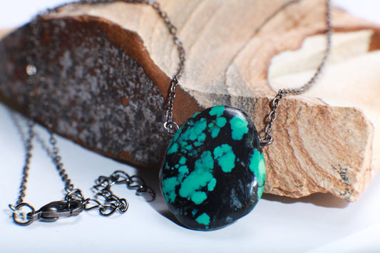 Genuine Tibetan Spiderweb Turquoise Double Sided Free Form Oval Pendant in Oxidized Silver Cable Chain 18.5" +2" Extension, Gift For Her