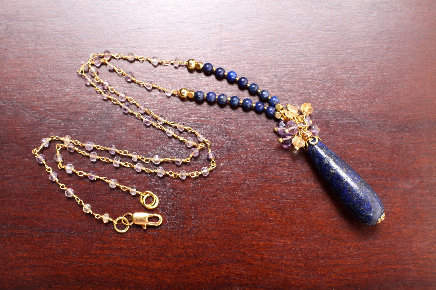 Genuine Lapis Lazuli Long Briolette Drop 12x39mm Pendant with Amethyst,Citrine Wire Wrapped Cluster,4mm Lapis, Ametrine beaded Chain 21&quot;