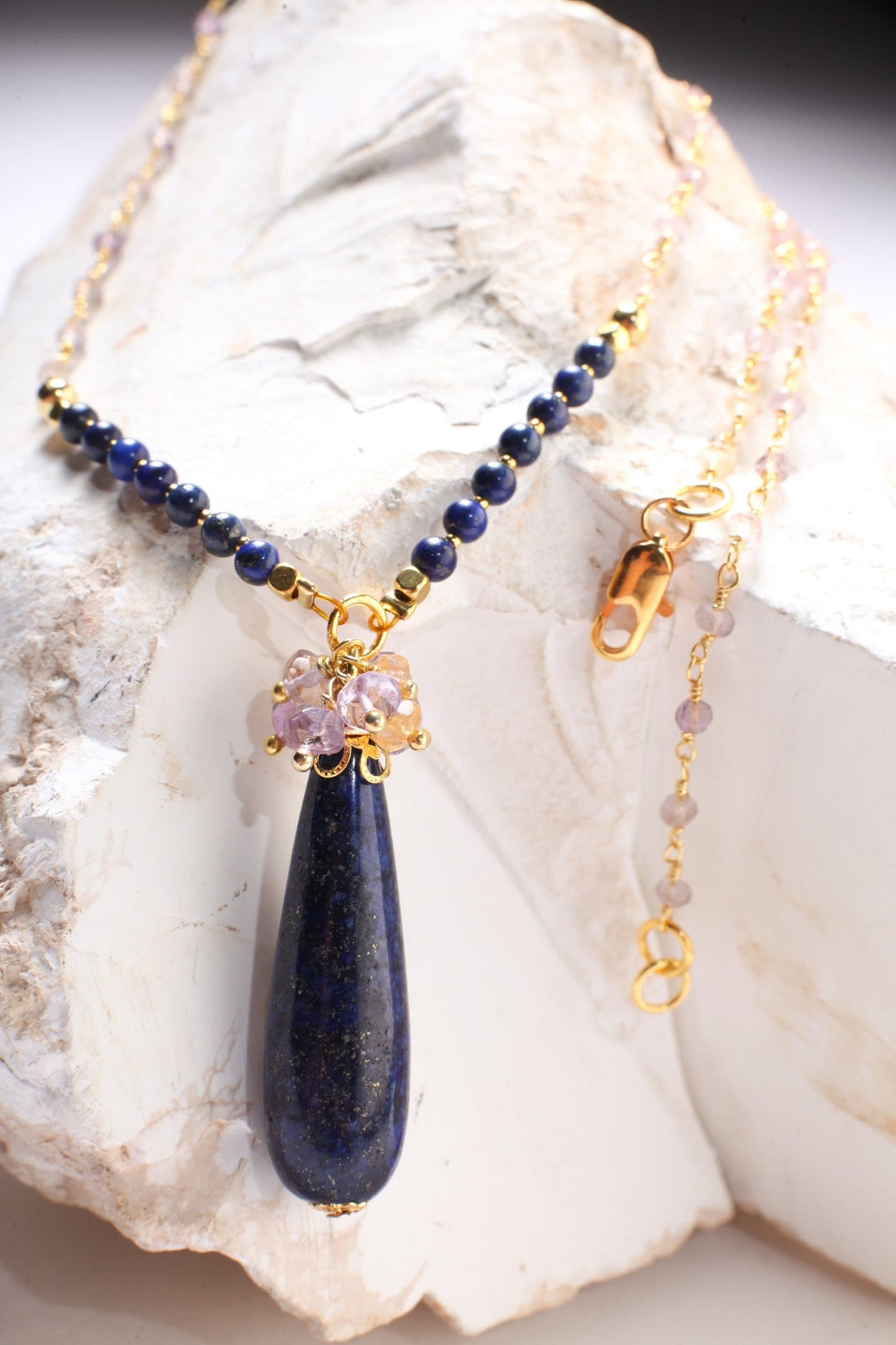 Genuine Lapis Lazuli Long Briolette Drop 12x39mm Pendant with Amethyst,Citrine Wire Wrapped Cluster,4mm Lapis, Ametrine beaded Chain 21&quot;