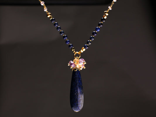 Genuine Lapis Lazuli Long Briolette Drop 12x39mm Pendant with Amethyst,Citrine Wire Wrapped Cluster,4mm Lapis, Ametrine beaded Chain 21&quot;