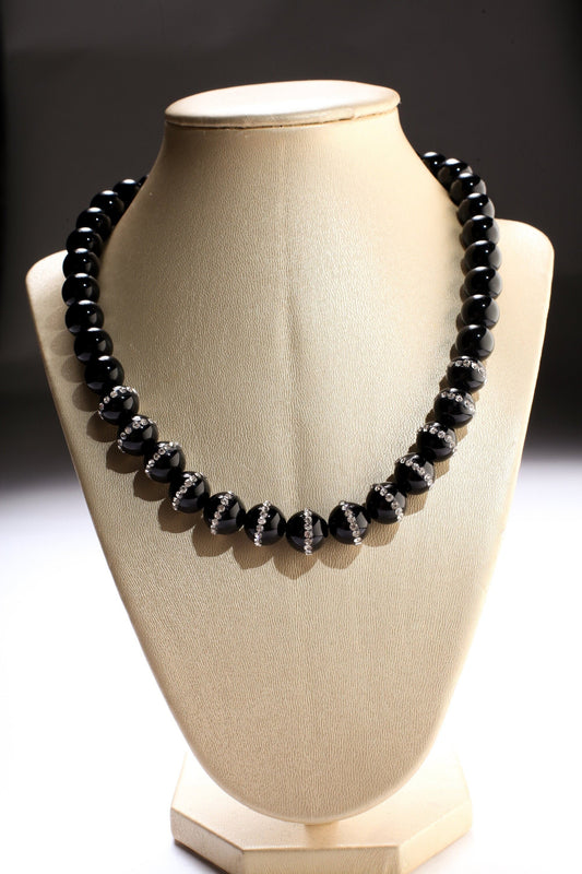 Black Onyx with 12mm Rhinestone Inlaid Onyx Round Beads Necklace with Magnetic Ball Clasp