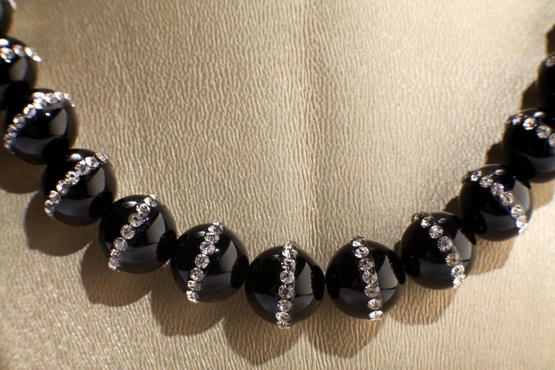 Black Onyx with 12mm Rhinestone Inlaid Onyx Round Beads Necklace with Magnetic Ball Clasp