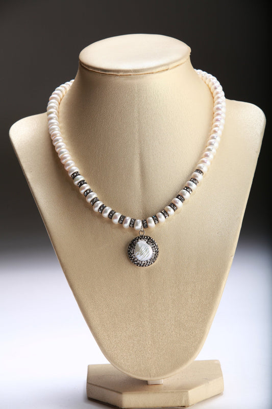 Natural Freshwater Pearl 8mm Roundel with Freshwater Coin Pearl & Rhinestone Inlaid Pendant, Oxidized Magnetic Ball Clasp 16” necklace