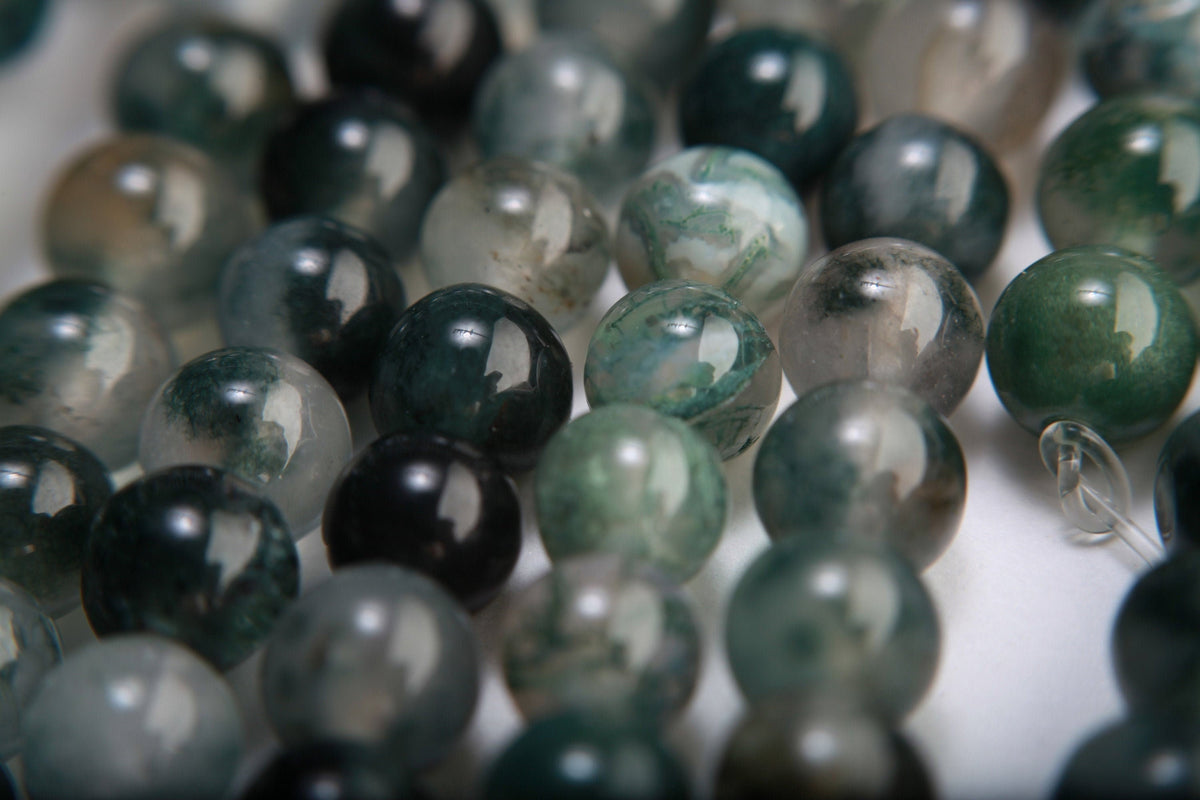 Natural Moss Agate Gemstone smooth Round Beads 6mm 8mm 10mm, 15" strand , Single/Bulk