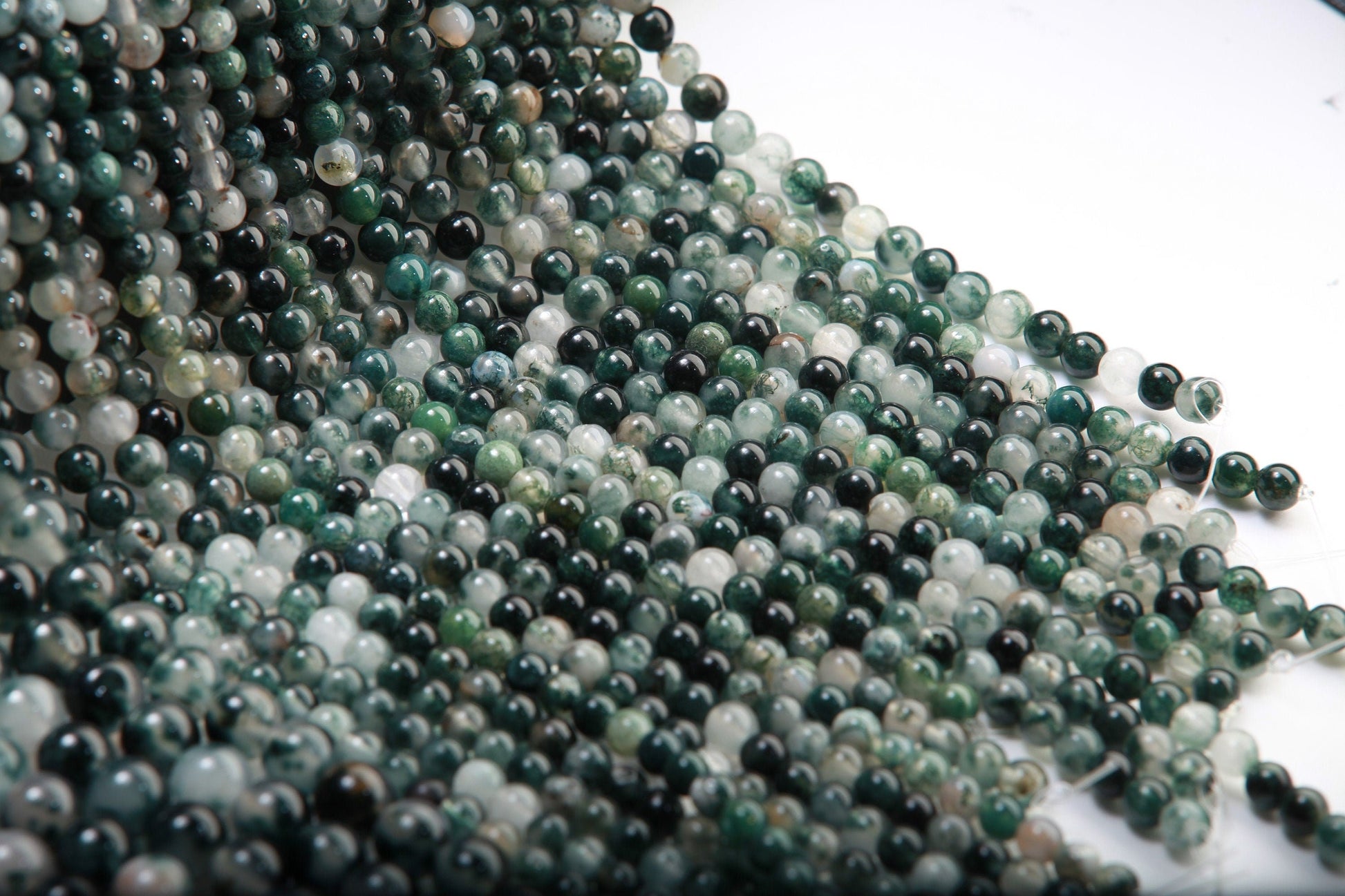 Natural Moss Agate Gemstone smooth Round Beads 6mm 8mm 10mm, 15&quot; strand , Single/Bulk