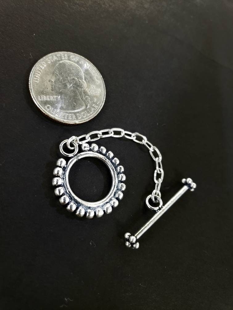 925 sterling silver Bali 22mm fancy toggle clasp, 2" adjustable chain, handmade vintage, heavy weight clasp for jewelry making, 1 set