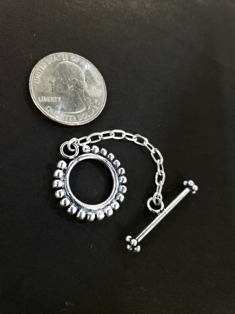 925 sterling silver Bali 22mm fancy toggle clasp, 2&quot; adjustable chain, handmade vintage, heavy weight clasp for jewelry making, 1 set