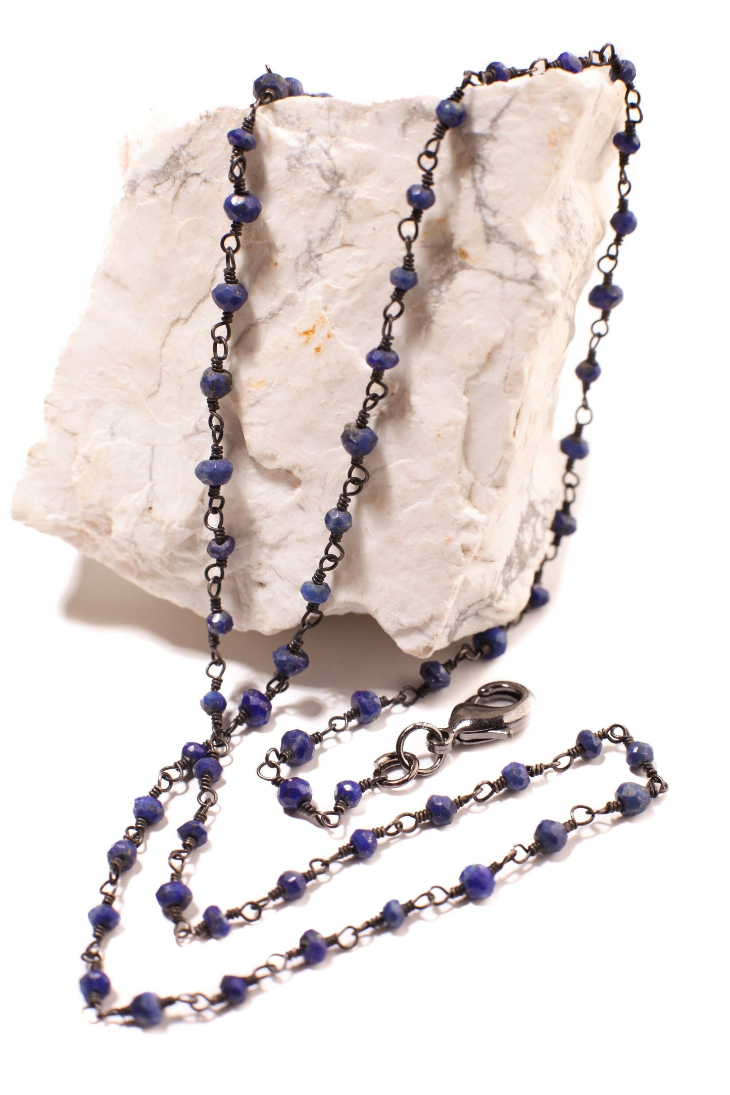 Afghanistan Lapis dark blue Oxidized silver Faceted Natural Precious Gemstone Chain High Quality layering Finished Necklace with Clasp