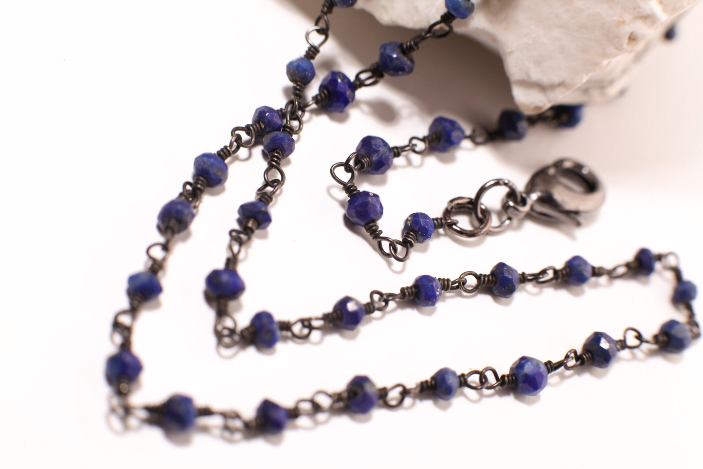 Afghanistan Lapis dark blue Oxidized silver Faceted Natural Precious Gemstone Chain High Quality layering Finished Necklace with Clasp