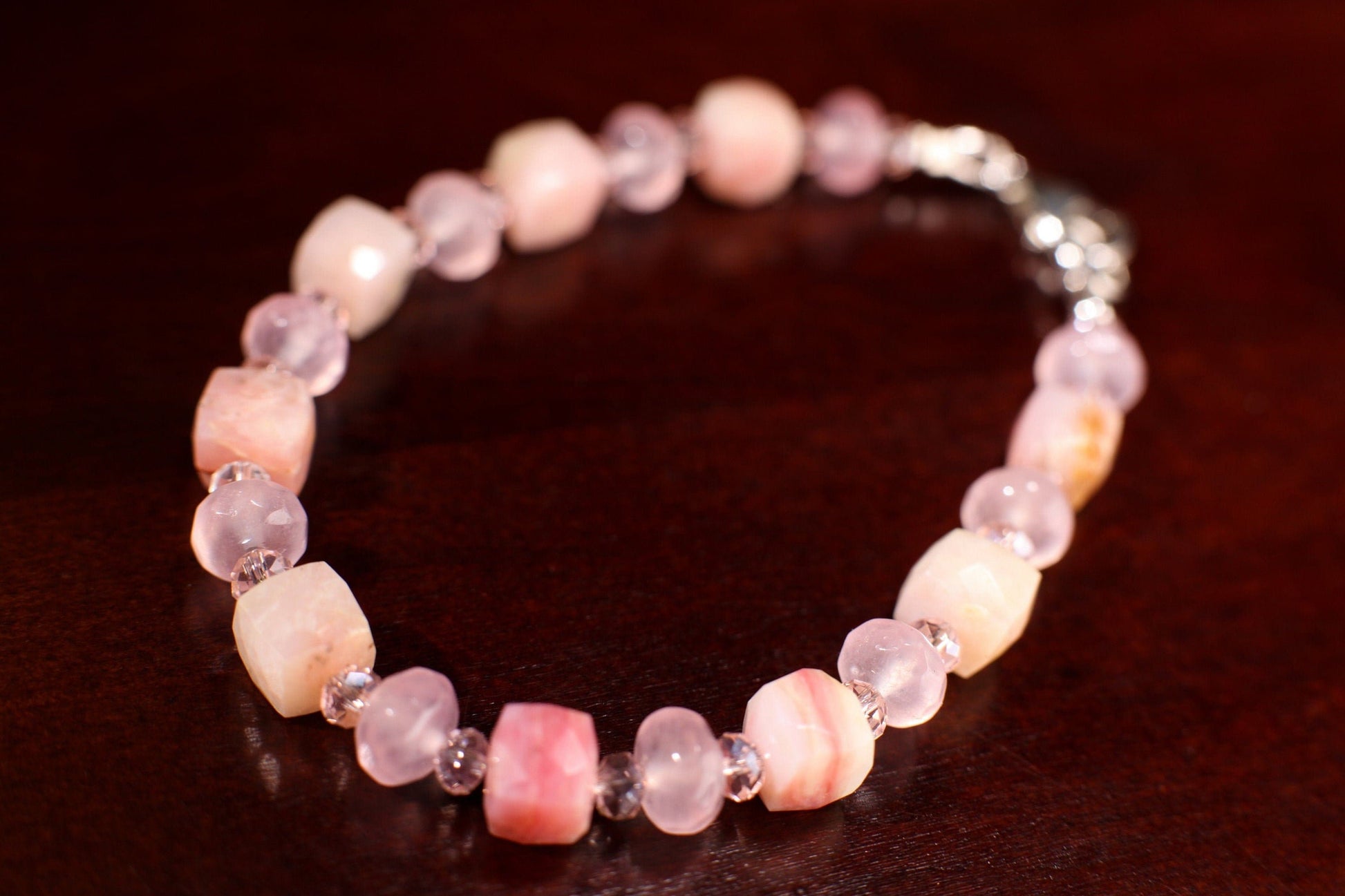 Natural Pink Peruvian Opal 8mm Cube Bracelet Accent with 8mm Rose Quartz roundel Spacer in 925 Sterling Silver Clasp,love, Valentine gift