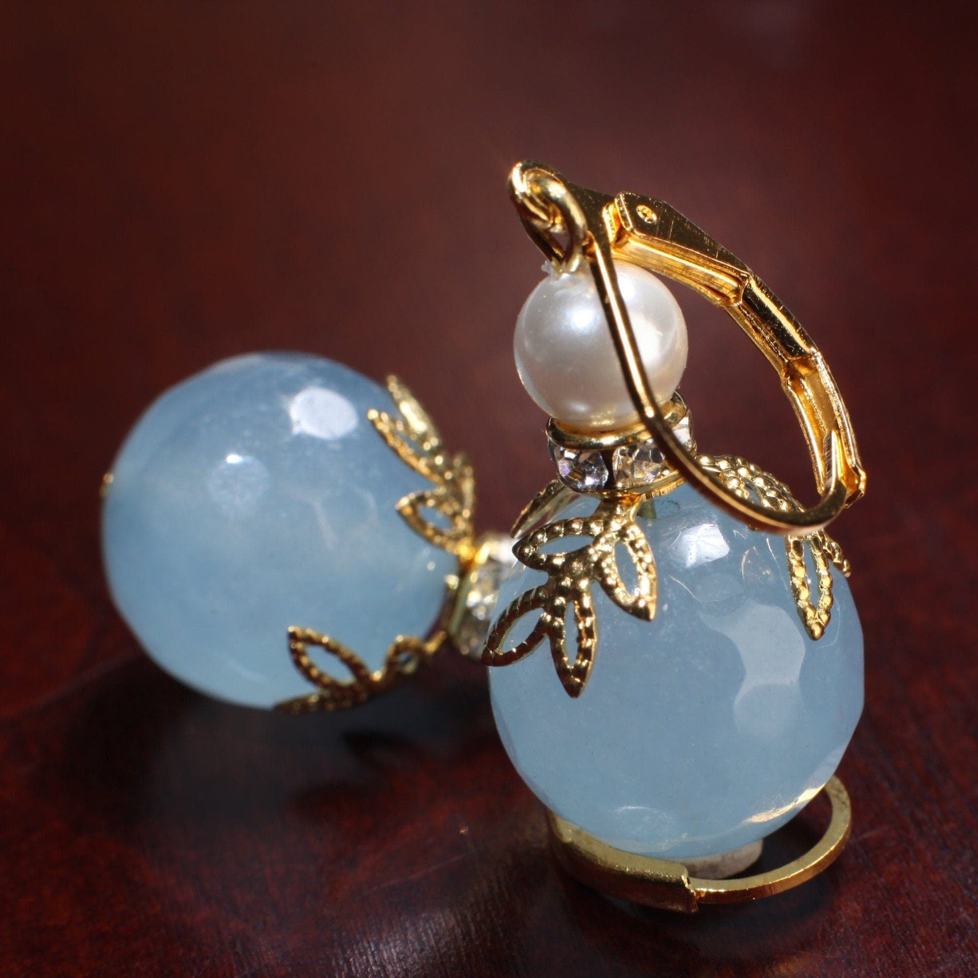 Blue Chalcedony 14mm Faceted Round with White South Seashell Pearl Hammered Gold Leaf Cap Leverback Earrings, Minimalist Gold Jewelry