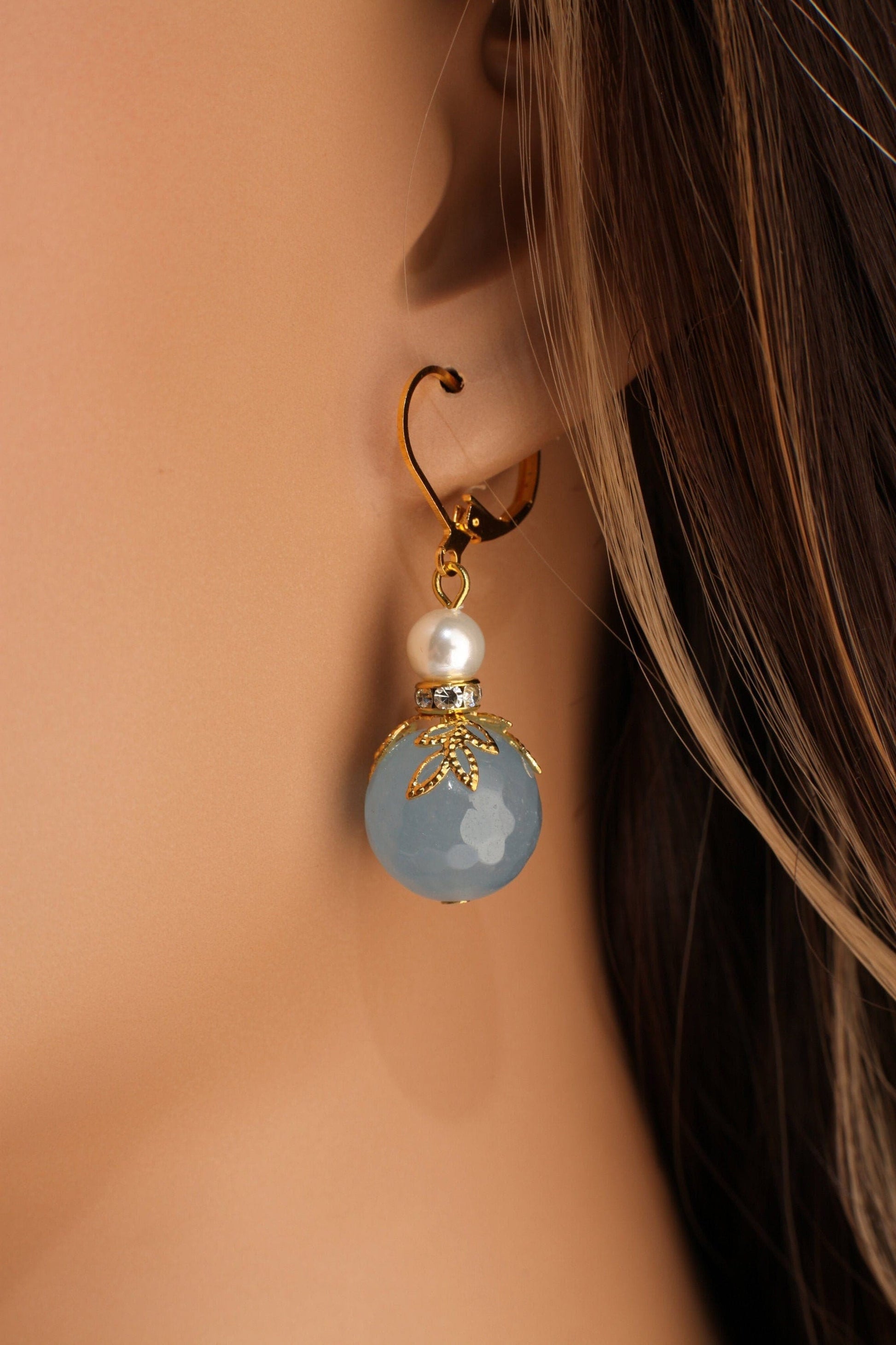 Blue Chalcedony 14mm Faceted Round with White South Seashell Pearl Hammered Gold Leaf Cap Leverback Earrings, Minimalist Gold Jewelry