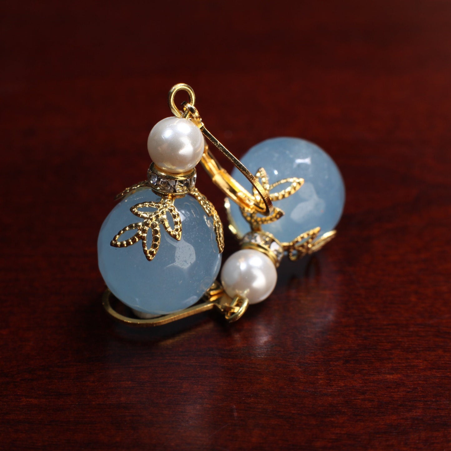 Blue Chalcedony 14mm Faceted Round with White South Seashell Pearl Hammered Gold Leaf Cap Leverback Earrings, Minimalist Gold Jewelry